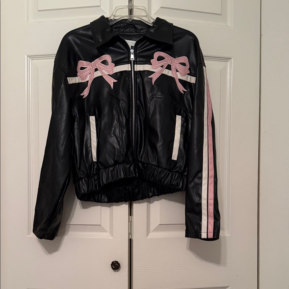 Black Faux Leather Bomber Jacket with Pink Bow Trim